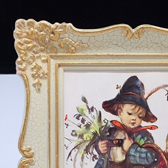 Vintage Gold Ornate Crackle Frame With Child & Basket Print Lightweight Plastic - Picture 2 of 10